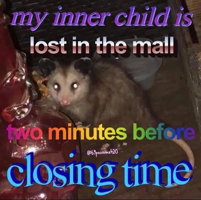 An opossum saying that his inner child is lost in the mall two minutes before closing time