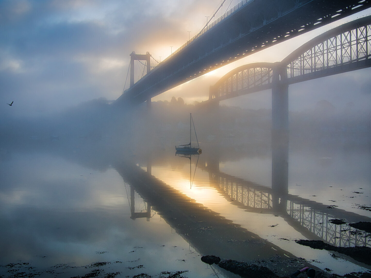 Bridge creeping from out of frame into the sunlit fog