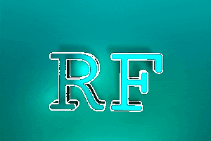 Letters R and F, animated, reflecting blue and greenish lights on a background lit up by the same blue and green lights.