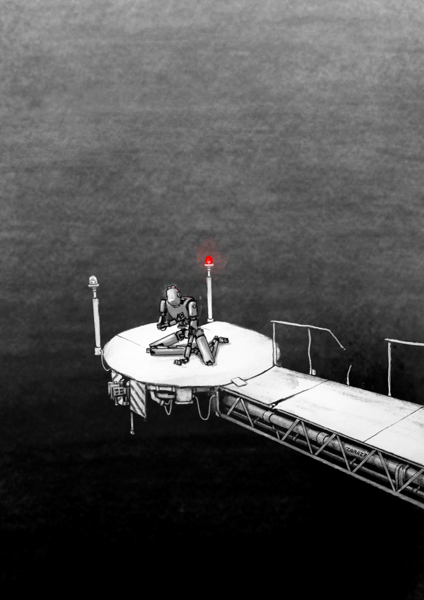 The image depicts a robot kneeling on a circular technical platform in an empty, gray space. Its hunched posture head bowed low conveys exhaustion, despair, or perhaps a moment of self-reflection. He is alone, surrounded only by a gloomy void and a dimly flashing red warning light — the only bright element against a background of gray tones.

The platform looks like part of some kind of station or megastructure - with handrails, antennas, cables and a modular design. It can be seen that it is slightly damaged. Nothing near the robot. No other creatures, no hint of life. It feels like the end — the end of contact, the end of existence. The space behind is an abyss.

The contrast between the machine nature of the robot and the almost human emotion expressed by its posture creates a strong sense of loneliness. It was as if he had been created for a specific purpose, but the purpose had disappeared, and he remained meaningless and forgotten.